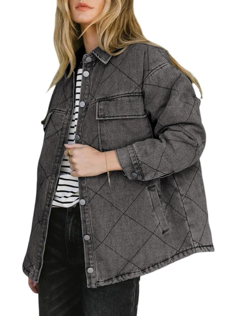 Women’s Gray Long Sleeve Button Down Oversized Denim Jacket Pocket Shacket